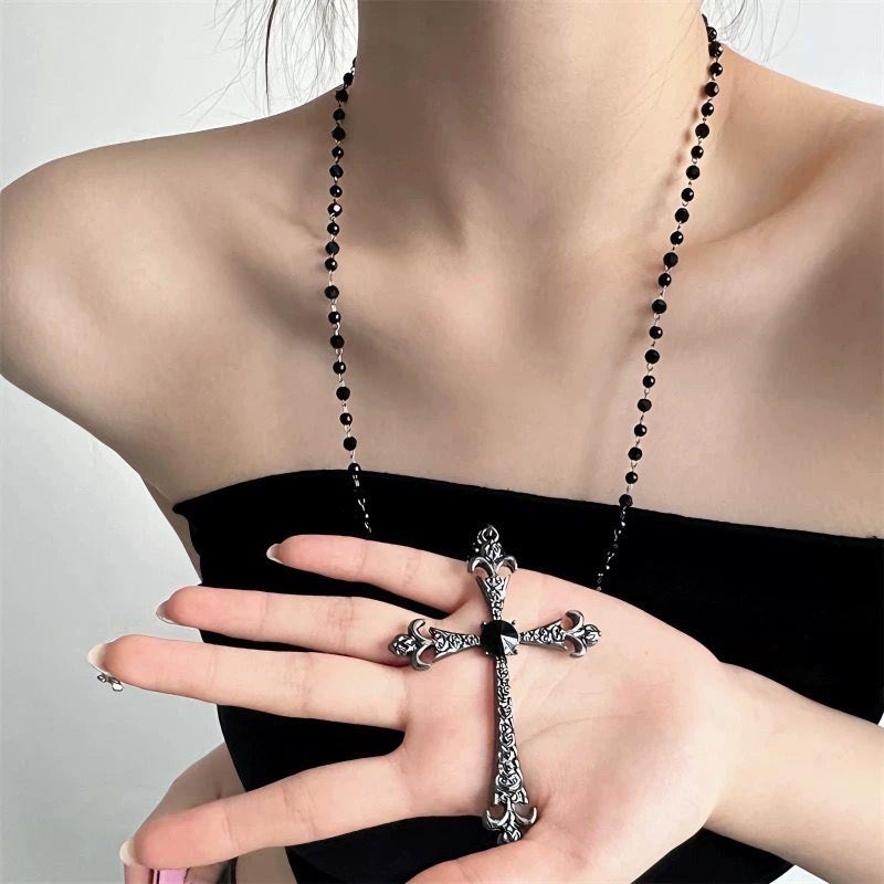 Vintage Dark Cross Necklace Subculture Gothic Long Diamond-Encrusted Sweater Chain Niche Sweet Cool Collarbone Chain - Image 3